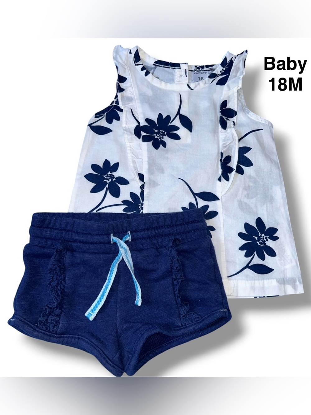 Carter's White & Navy Floral Ruffle Tank with Navy Shorts size 18 months